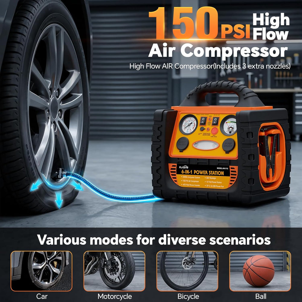 Portable Jump Starter with Air Compressor, FlyAuto 2200A Battery Booster for ...