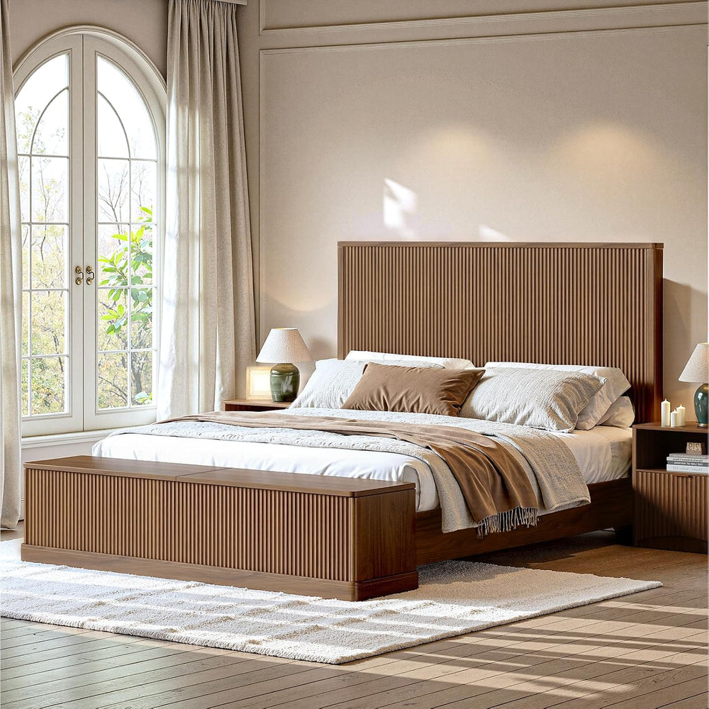 Evermagin Fluted Walnut King Bed Frame with 51'' Headboard & Stor...
