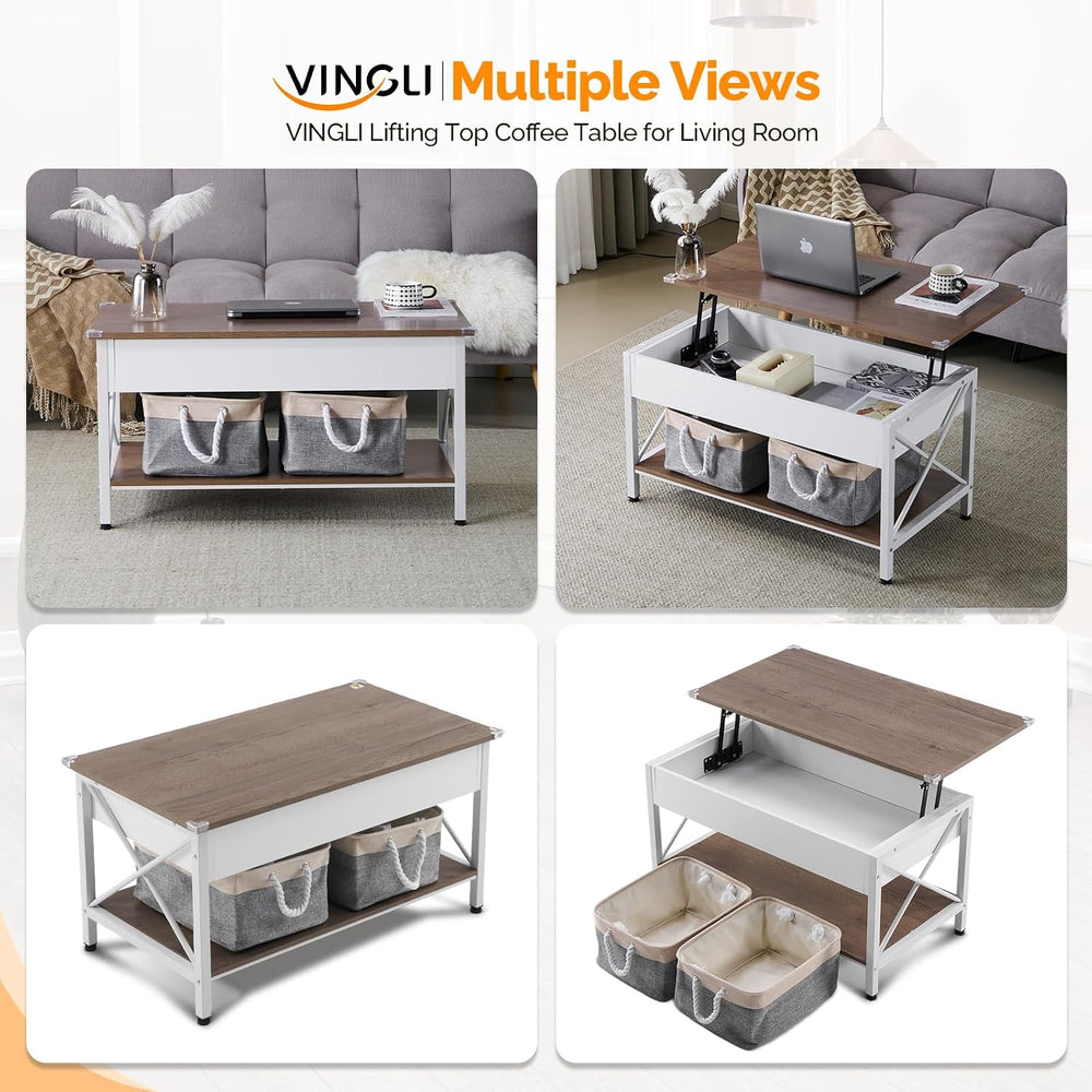 VINGLI 36" Small Lift Top Coffee Table with 2 Free Cloth Storage Bins