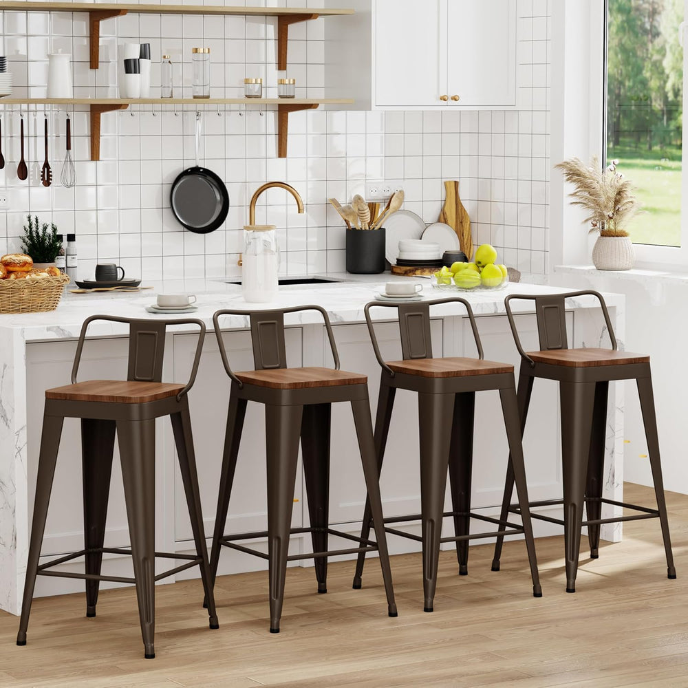 WENTMENT Industrial Rusty Bar Stools Set of 4, 24" Counter Height, Woode...
