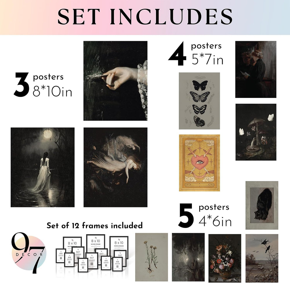 97 Decor Framed Gothic Wall Art, Dark Academia Decor, Black Frame Set