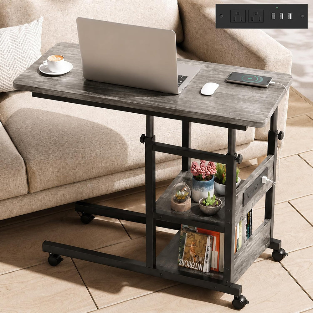 Rolling C Shaped End Table with Charging Station for Couch, Height Adjust