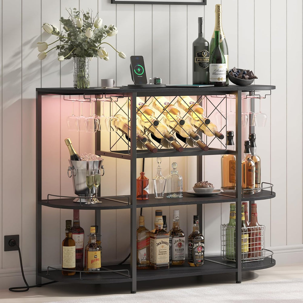 ZOPEND Wine Cabinet Coffee Table with Power Socket and LED Light, Three Tiers...
