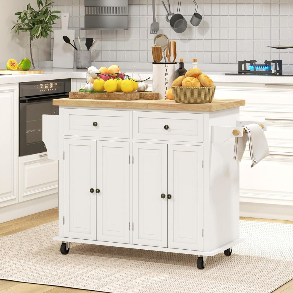HOMCOM Kitchen Island Cart on Wheels with Solid Wood Top, 44" Cream White