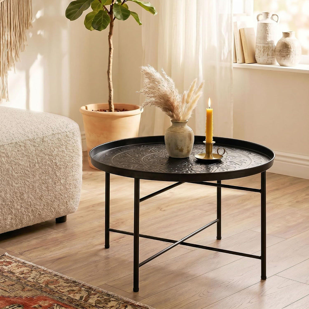 HOMCOM 24" Hammered Round Coffee Table Vintage Metal Side Table Black