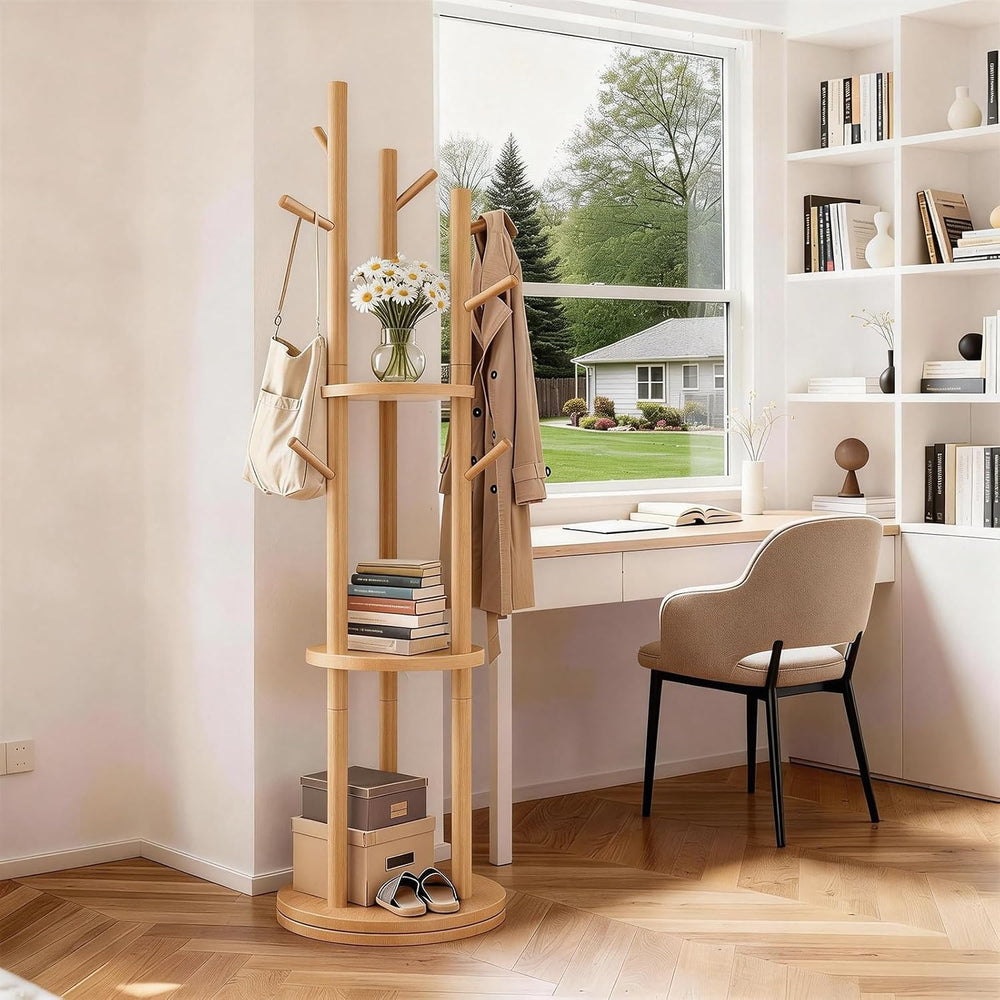 Solid Wood Rotary Coat Rack, Coat Rack Freestanding with 3 Storage Shelves &a...