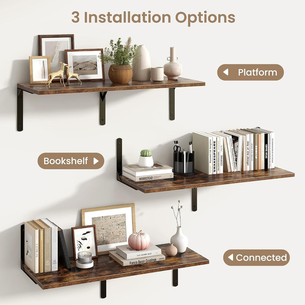 Fun Memories Rustic Brown 12 Inch Deep Floating Shelves Set of 2, Wall Mounte...