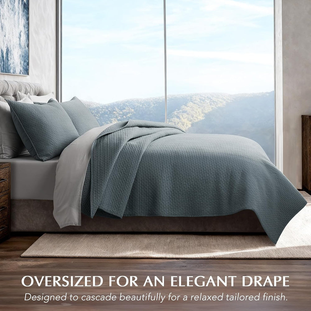 EverGrace Cotton Sateen Pick-Stitch Quilt Set, King Size, Dusk Blue