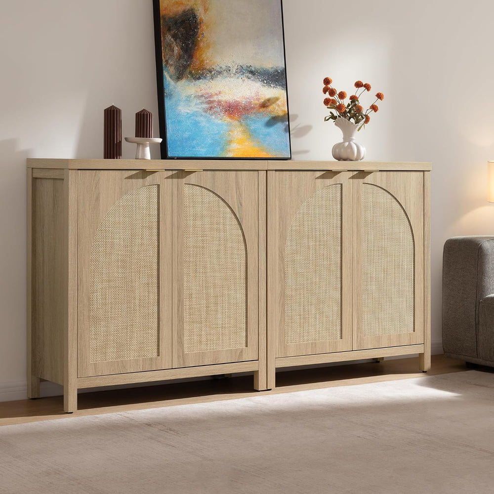 SICOTAS 102" Rattan Sideboard Buffet Cabinet with Storage Credenza Set of 3