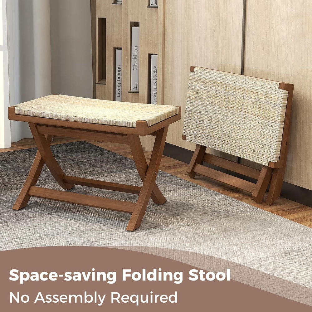 Tangkula Folding Natural Rattan Ottoman, Saddle Footrest Stool with Hand-Wove...