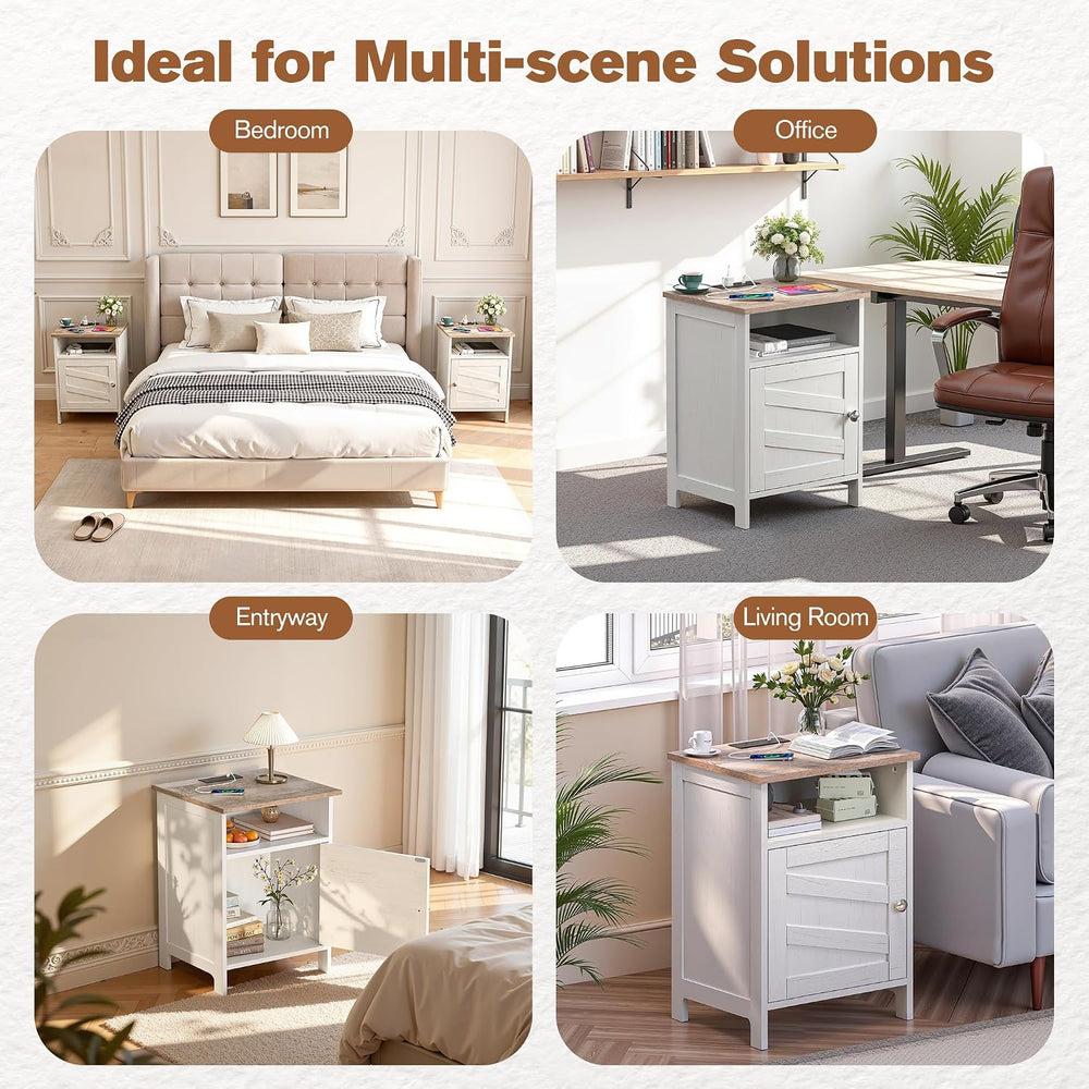 Nightstand with Charging Station, Farmhouse Night Stand Bedside Table with Op...