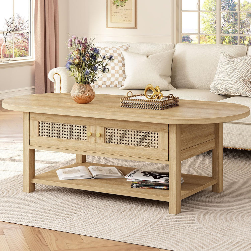 LVB Oval Rattan Coffee Table, 47" Boho Wood Living Room Table with Storage