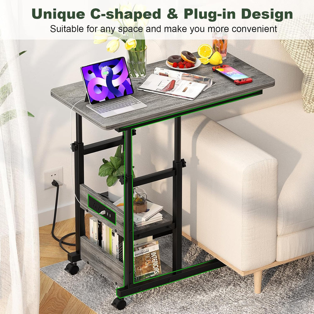 Rolling C Shaped End Table with Charging Station for Couch, Height Adjust