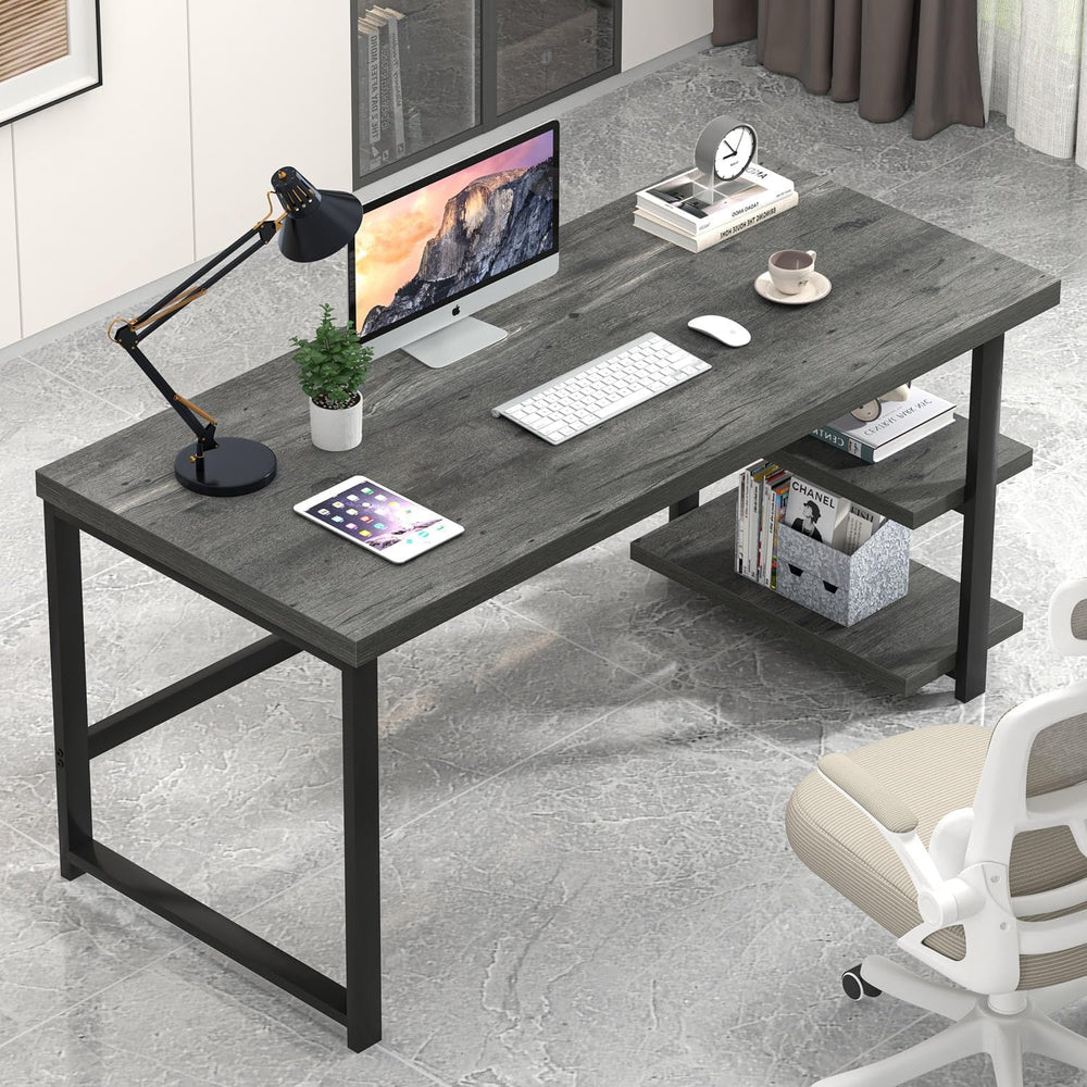 EXCEFUR Industrial Computer Desk, Home Office Desk with Storage Shelves, Wood...