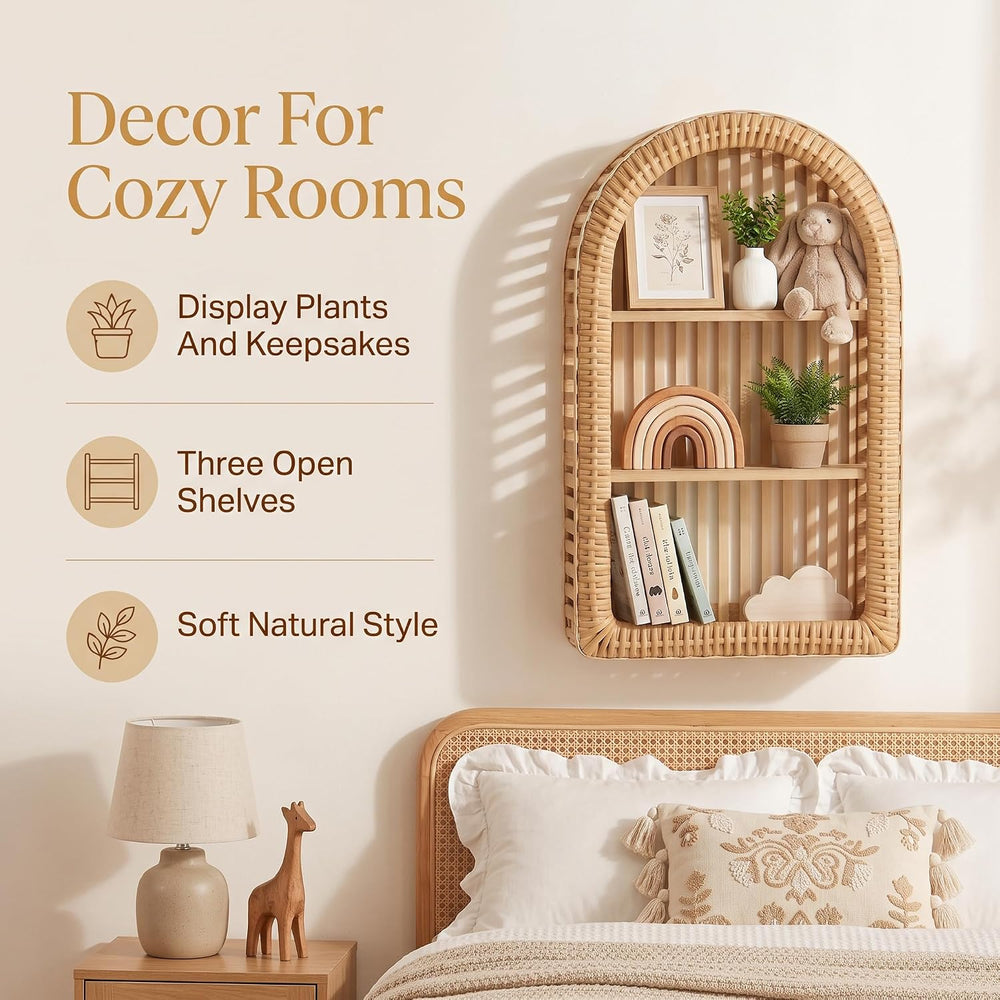Rattan Wall Shelf - 3 Tier Boho Arched Wicker Hanging Shelves