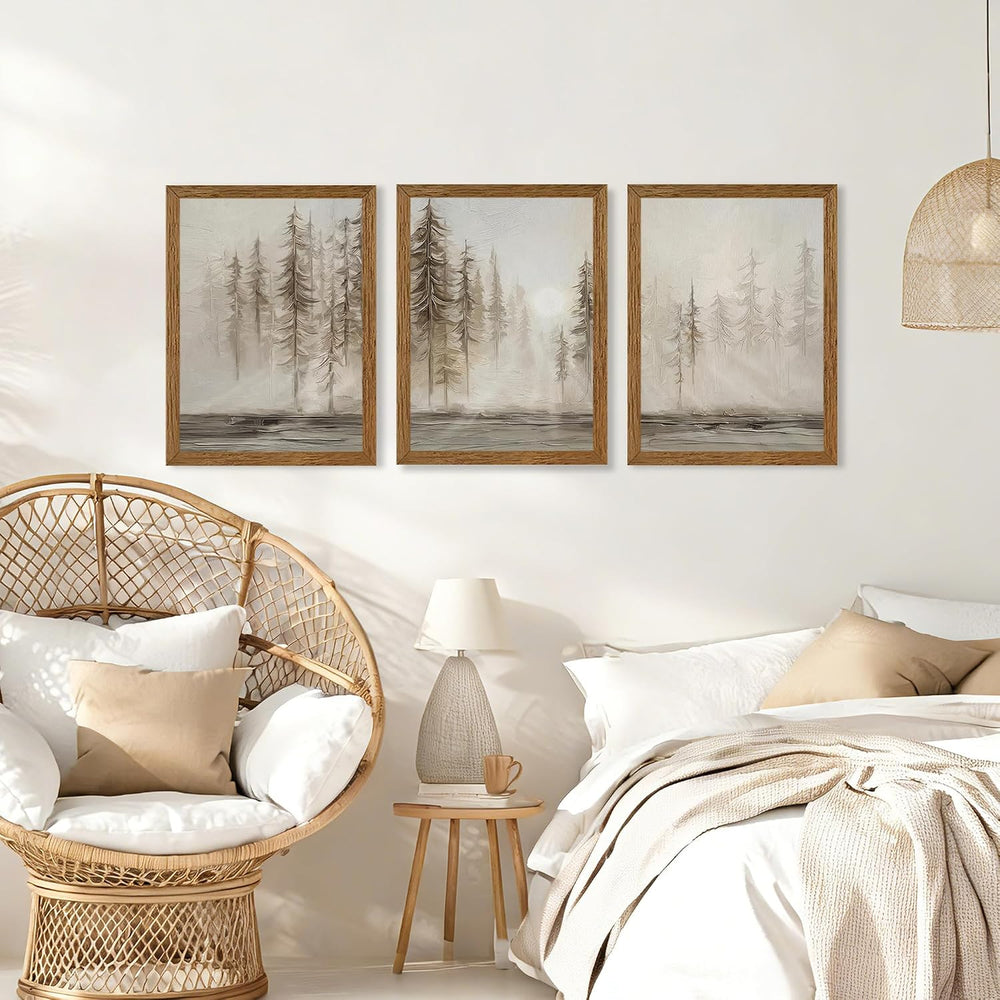 Urmoya Triptych Neutral Misty Forest Framed Canvas Wall Art, 12x16 inch x3