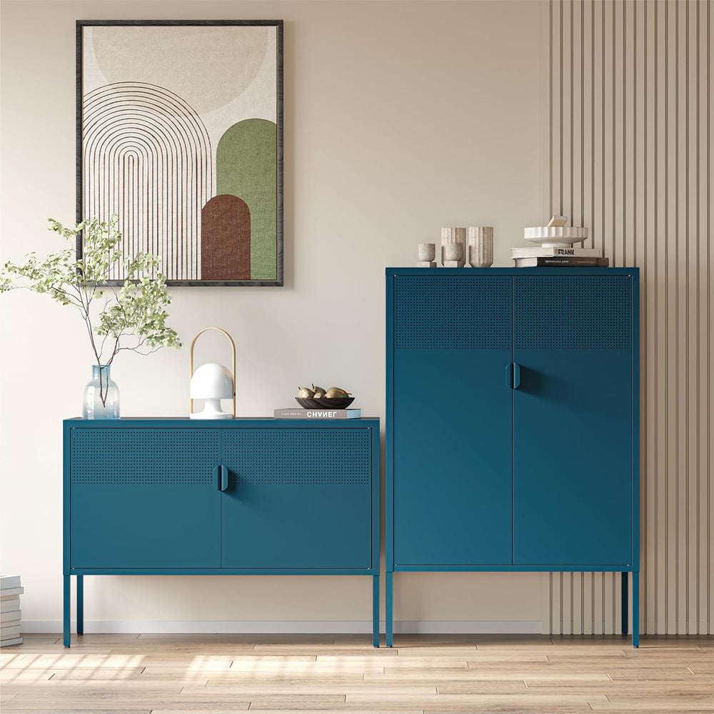 COFaR Peacock Blue Metal Cabinet, 47”H Modern Sideboard with Adjustable Shelv...