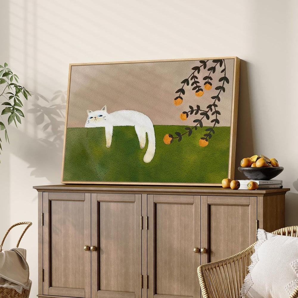 Large Framed Cozy Cat Neutral Green Canvas Wall Art Bedroom, 24x36 Inch