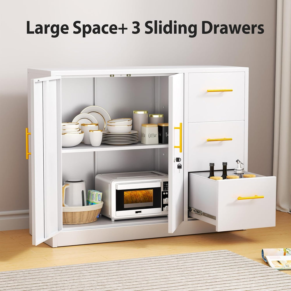 PAOFIN Sideboard Buffet Cabinet, Metal Storage Cabinet with 2 Doors and 3 Dra...
