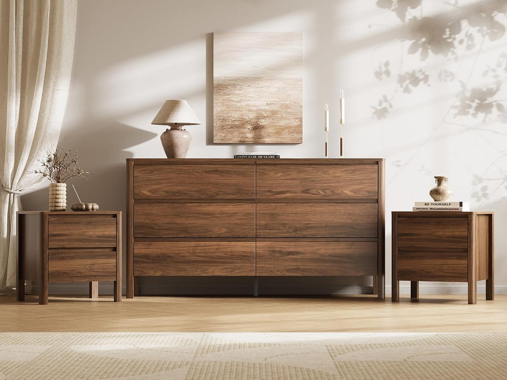 Walnut 3-Piece Bedroom Set, 6-Drawer Dresser & 2-Drawer Nightstands