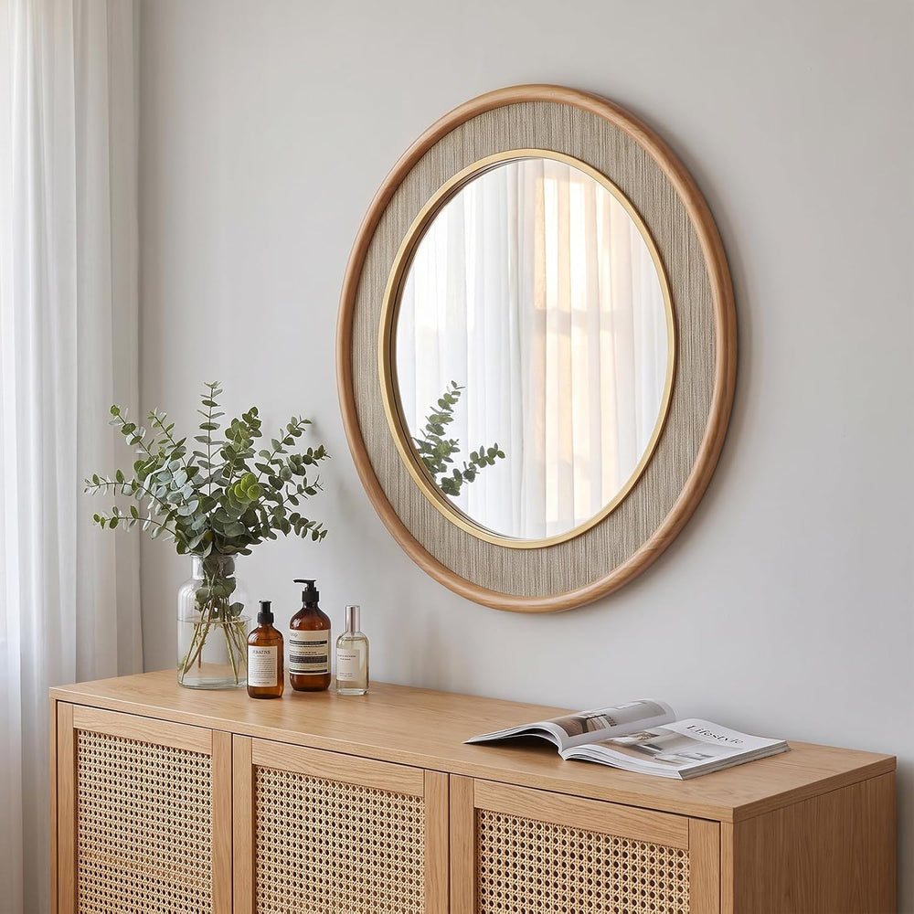 sawsile Round Wood Mirror 24" Natural Circle Bathroom Wall Mirrors