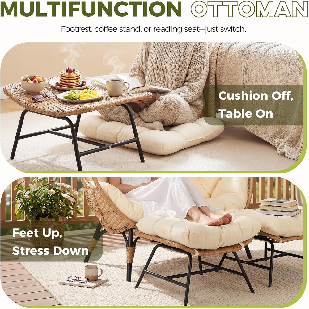 RADIATA Double Egg Chair with Ottoman, 2 Person Outdoor Wicker Loveseat