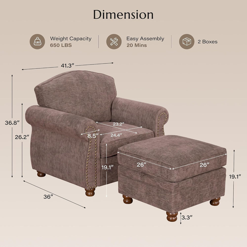 Traditional Accent Chair with Storage Ottoman, 41.3", Chenille, Brown