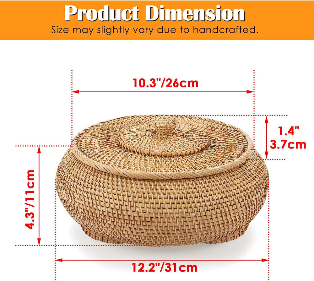 Hipiwe Round Rattan Boxes with Lid, X-Large Woven Wicker Bread Basket Bin