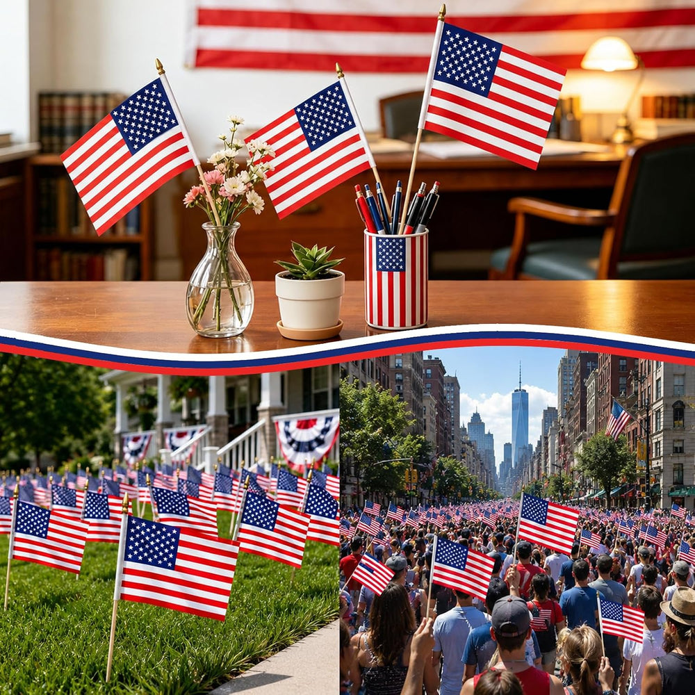100 Pcs 8x12 Inch Small American Flags on Stick, Small US Flags for Outside