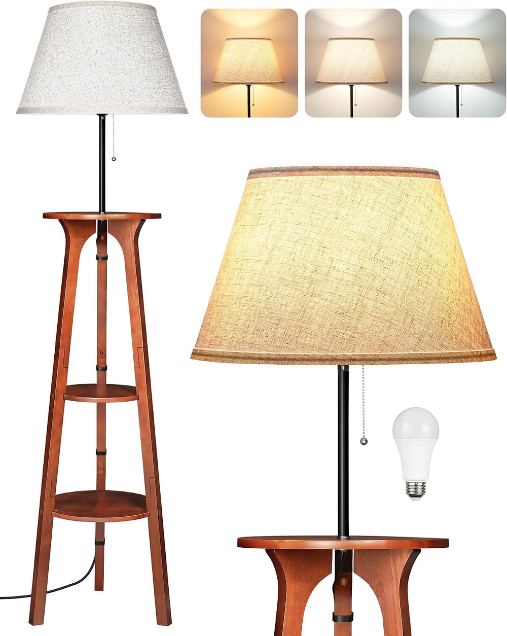 3 Tier Shelf Floor Lamps, Wood Tripod Floor Lamp, Linen Lampshade
