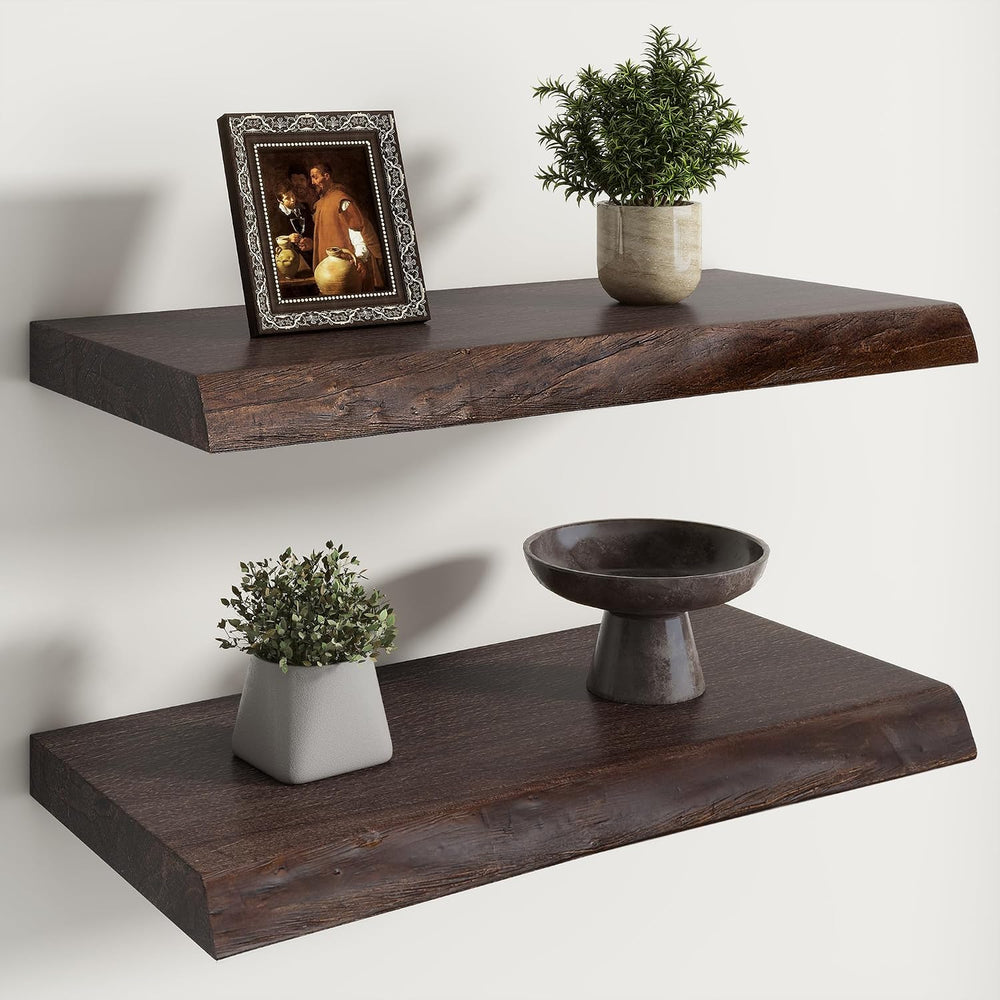 RICHFOCUS Live Edge Elm Floating Shelves - 24" W x 9.3" D Rustic So...
