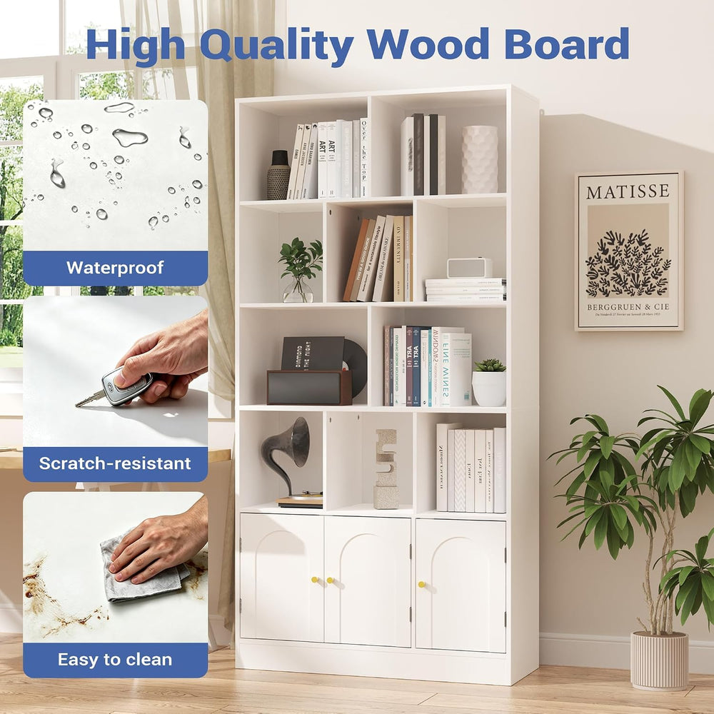 Housoul 71" Tall Bookshelf, Bookcase with 10 Cubes and 3 Doors, White