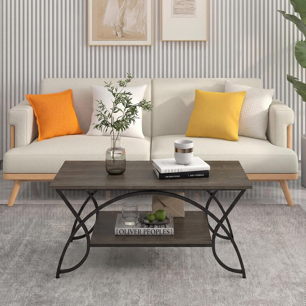GIANTEX 2-Tier Coffee Table with Storage, 39.5" Wood Center Table, Grey Oak