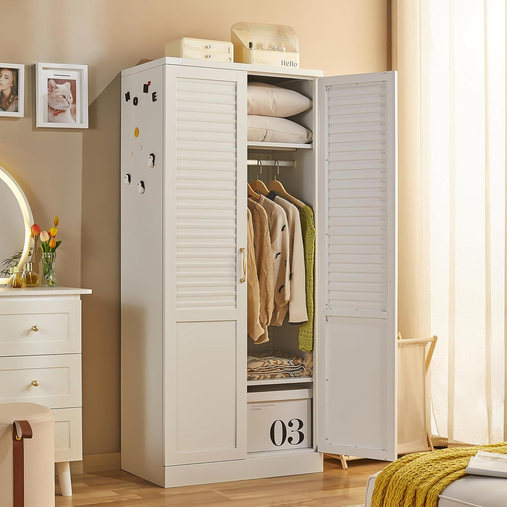 Metal Wardrobe Closet with Louvered Doors, Bedroom Storage Cabinet