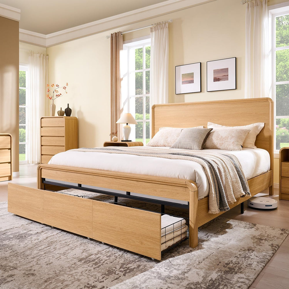 Aitjunz Modern King Size Bed Frame with 50" Tall Headboard, Natural Oak