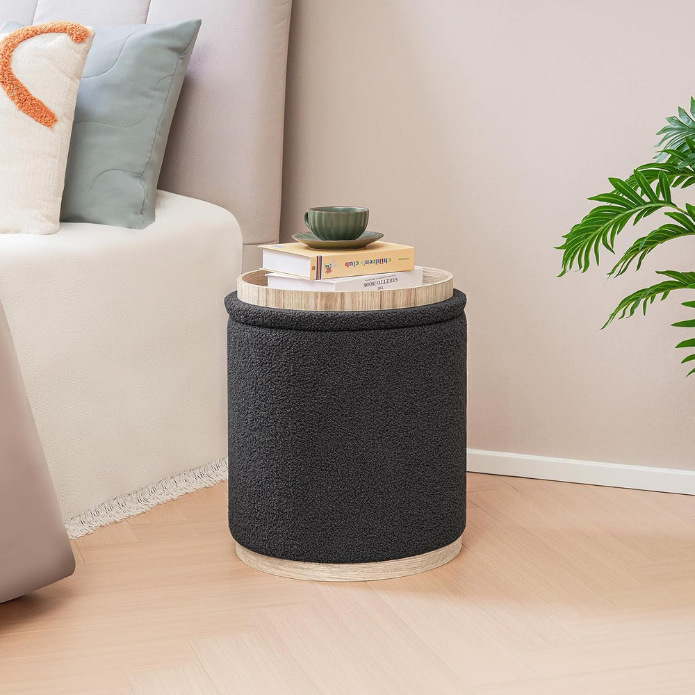 PINPLUS Round Storage Ottoman Set of 2, Dark Grey Boucle Stools with Tray