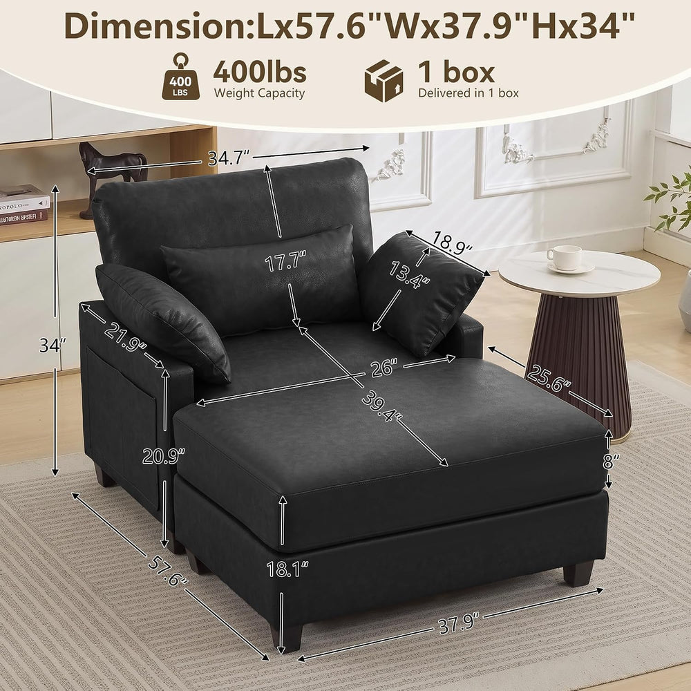 58" Oversized Faux Leather Chaise Lounge Chair Indoor, Mid Century Moder...