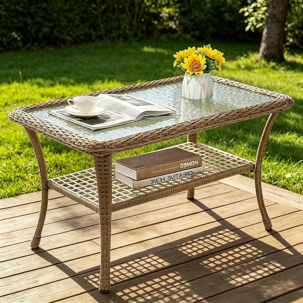 MEETWARM Wicker Patio Coffee Table, 34.5" Rectangle Outdoor Coffee Table...