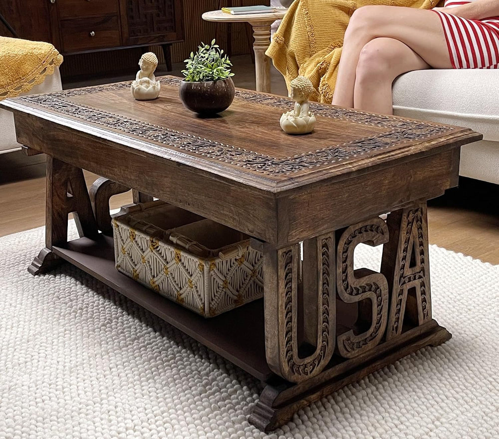 Coffee Table in Solid Wood With Hand Carving 40x20x18"_Burnt Rectangular