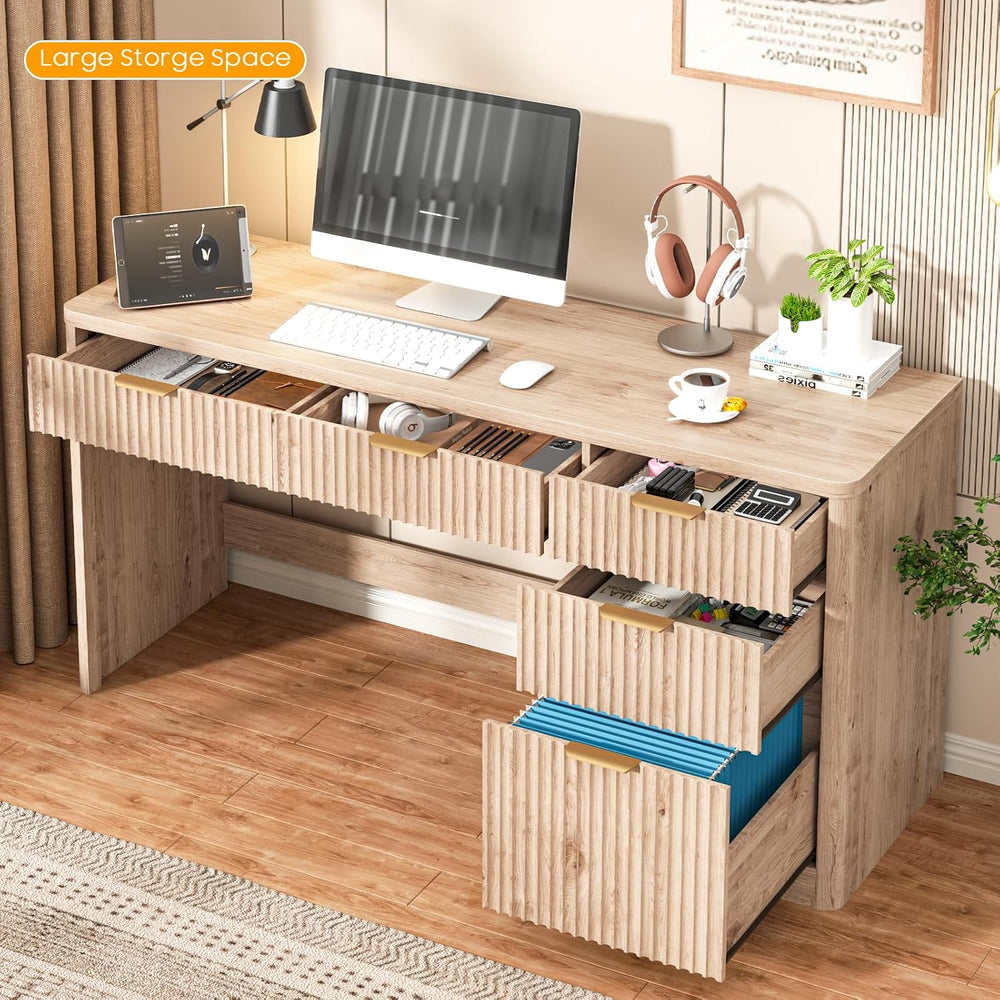 Vabches 59" Fluted Executive Desk with Adjustable File Drawer, Oak