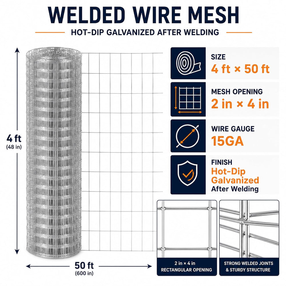 Welded Wire Mesh Fence 4ft x 50ft 2"x4" 15 Gauge Galvanized Wire Fe...