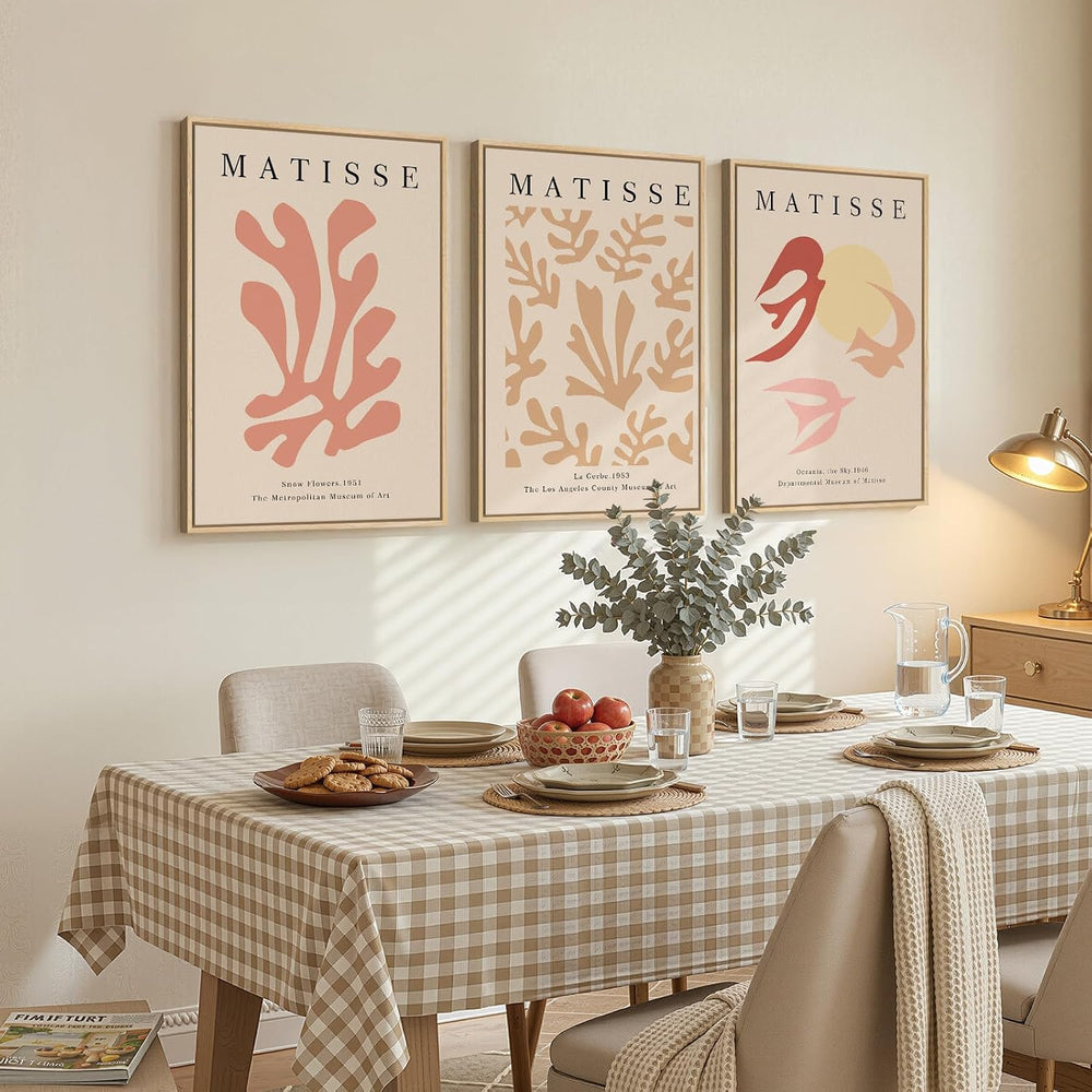 Large Framed Pink Abstract Matisse Canvas Wall Art for Living Room, 3 Piece