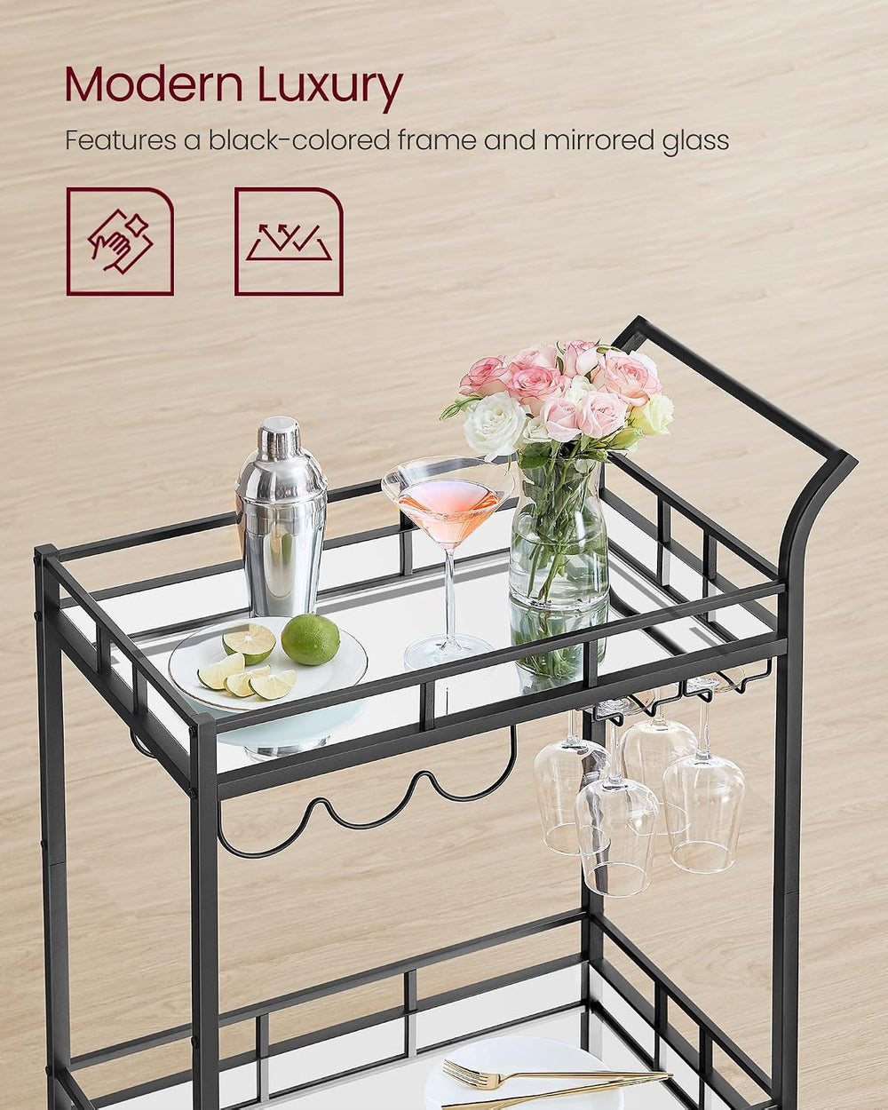 VASAGLE Bar Cart with 2 Mirrored Shelves, Wine Holders, Glass Holders