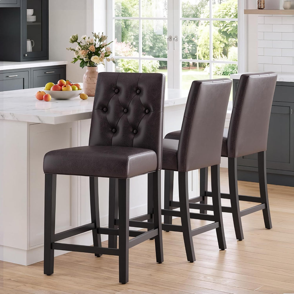 MALOL Bar Stools Set of 3 Faux Leather Counter Height Bar Stools,Darkbrown