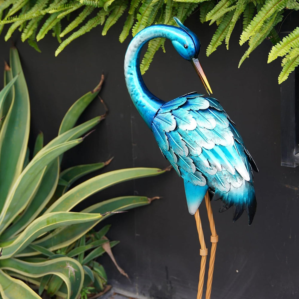 chisheen Crane Garden Statues, Metal Garden Crane Outdoor, Blue Heron Sculptu...
