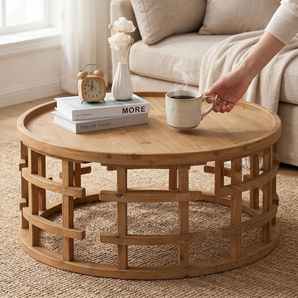 RUSTOWN Farmhouse Round Coffee Table, Boho Handcrafted Wooden Tables