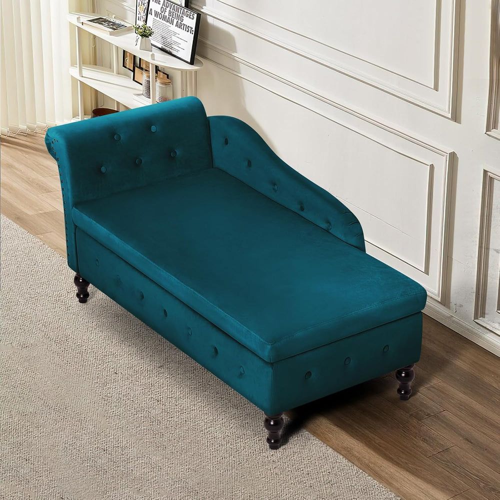 Velvet Chaise Lounge w/Left Armrest & Storage Space, Teal