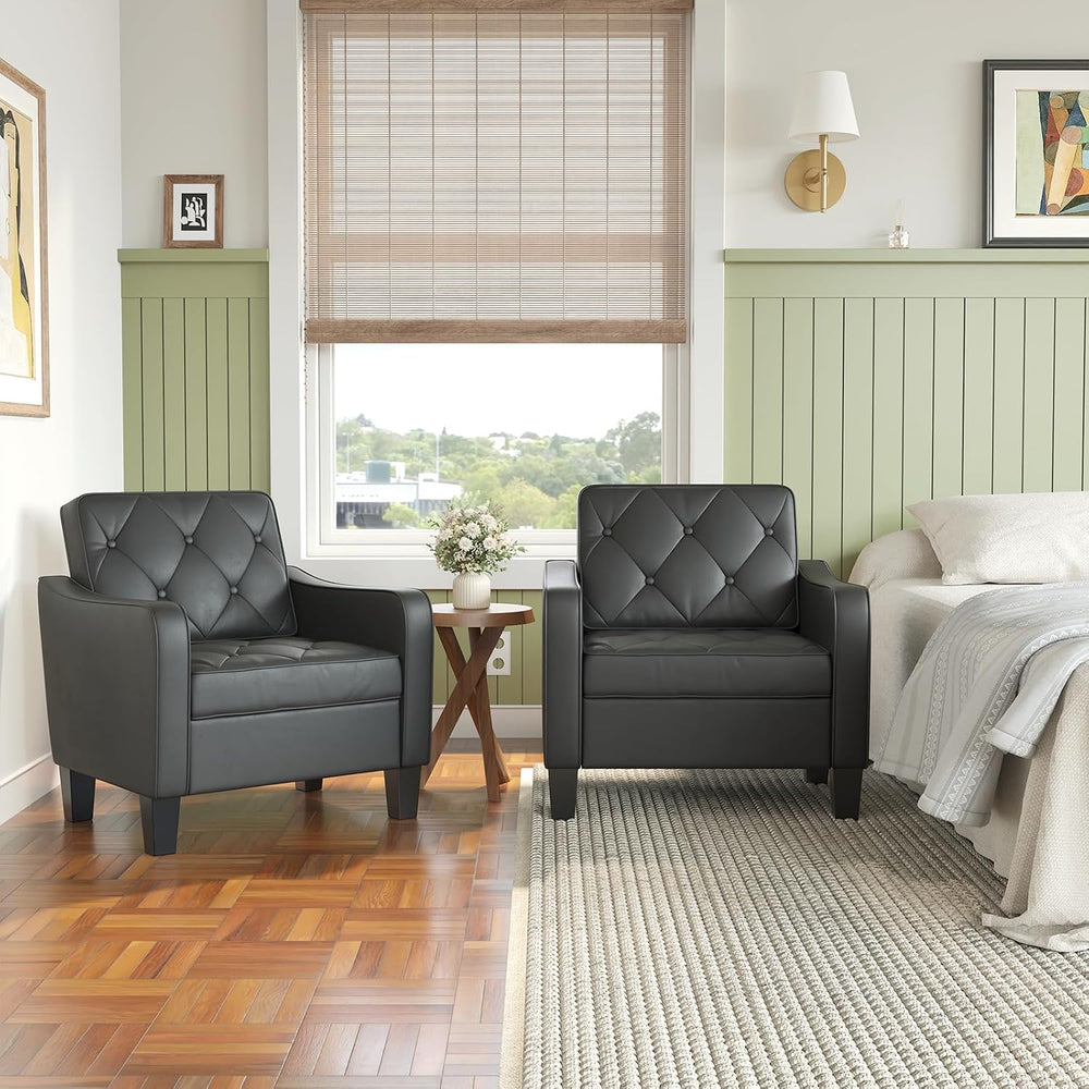 Black Tufted Leather Accent Chairs, Wide Armchairs for Living Room Office