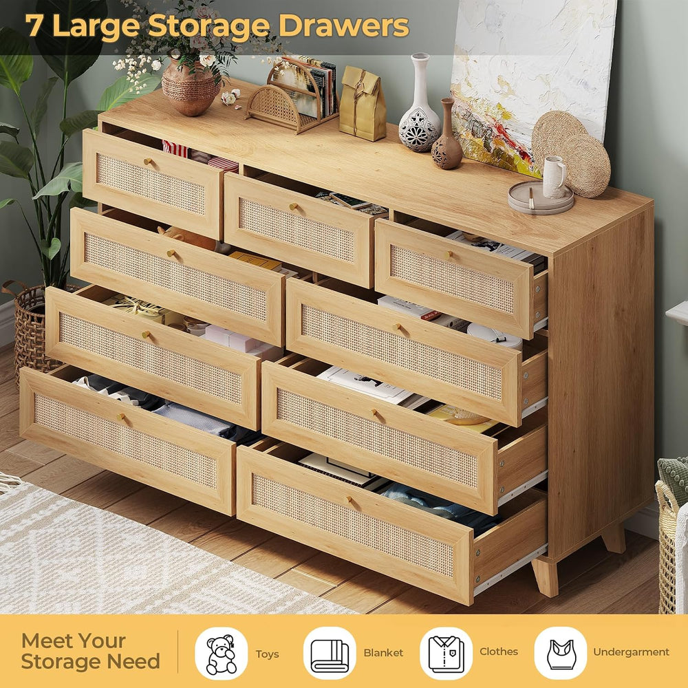 AOGLLATI Rattan Dresser for Bedroom with 9 Drawer, Modern Wooden Long Bedroom...
