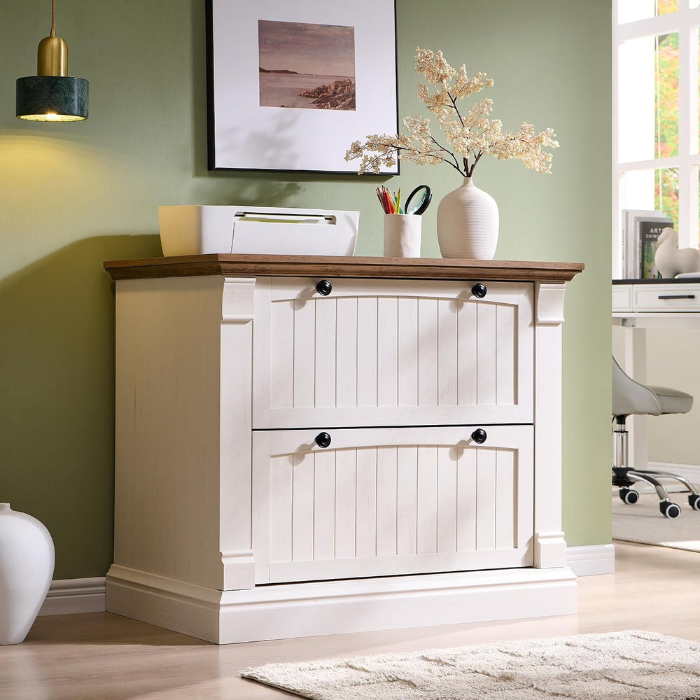 OKD Farmhouse Lateral File Cabinet with 2 Drawers, Antique White